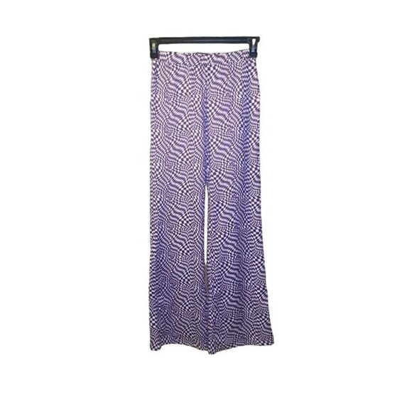 Womens Optical Illusion Checkered Wide-Leg Pants Stretch Purple White - Picture 1 of 6